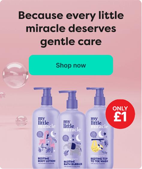 Three bottles of shampoo with lavender caps on a pink background, with floating bubbles and an 'Only £1' offer at Pharmacy2U.