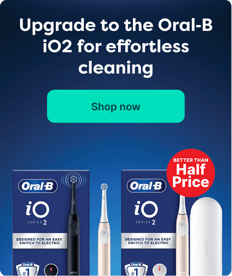 Better than half price on Oral-B iO2 at Pharmacy2U. Oral-B iO2 electric toothbrushes with packaging are displayed.