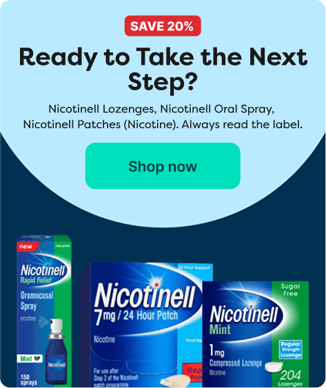 Ad for Nicotinell products offering 20% off, featuring lozenges, oral spray, and patches, with a call to action to "Shop now."
