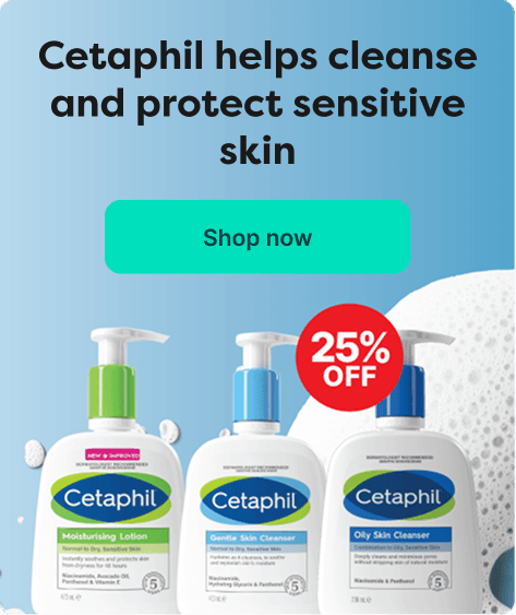 Save 25% on Cetaphil at Pharmacy2U. Cetaphil skincare products for sensitive skin are displayed.