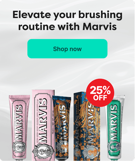 Save 25% on all Marvis at Pharmacy2U. A selection of Marvis toothpaste products is displayed.