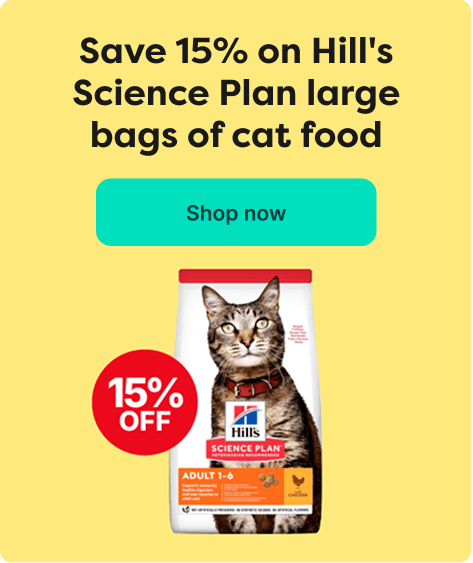 Ad for 15% off Hill's Science Plan large cat food bags, featuring a cat image and "Shop now" button.