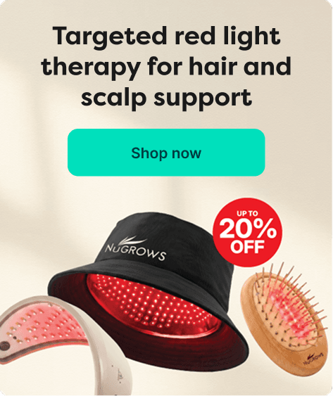 Save up to 20% on Nugrows at Pharmacy2U. Nugrows red light therapy products for hair and scalp support, including a cap and comb, are displayed.