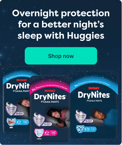 Huggies DryNites at Pharmacy2U. Huggies DryNites overnight protection products are displayed.