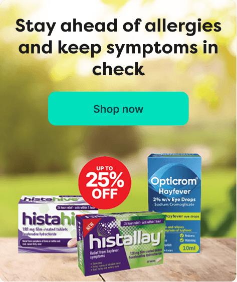 Allergy relief products displayed with a "Stay ahead of allergies" message and a "Shop now" button. Offer up to 25% off.
