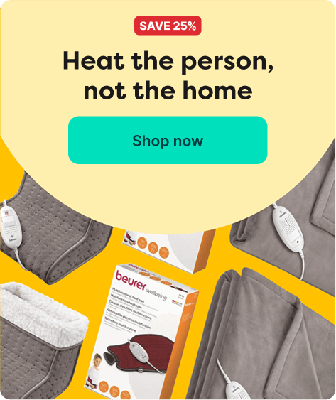 Ad promoting Beurer heating pads with "Save 25%" and "Heat the person, not the home" text, showcasing various heating pads and packaging.