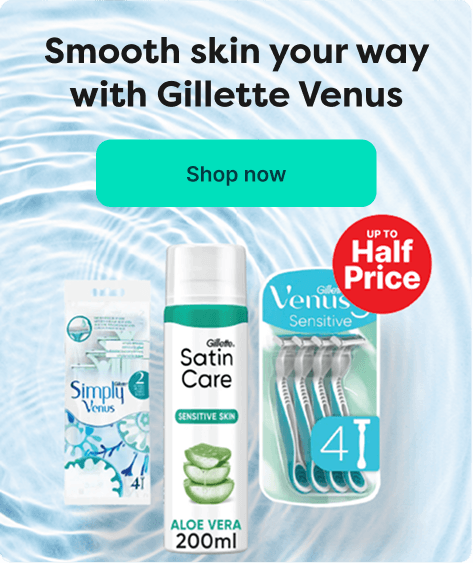 Save up to half price on selected Venus at Pharmacy2U. Gillette Venus products, including Simply Venus razors, Venus Sensitive razors and Satin Care shaving gel, are displayed.