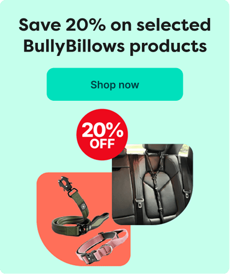 Banner offering 20% off on selected BullyBillows products, featuring pet harnesses and leads, with a "Shop now" button.