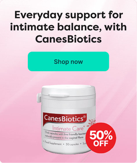 Save 50% on CanesBiotics at Pharmacy2U. CanesBiotics Intimate Care is displayed on a pink background.