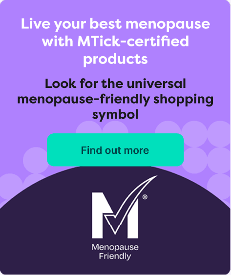 Banner promoting MTick-certified menopause-friendly products with a call to find the universal shopping symbol.
