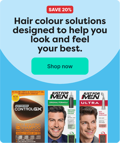 Advertisement for hair color solutions featuring Just for Men products. Includes a 20% discount offer and a "Shop now" button.