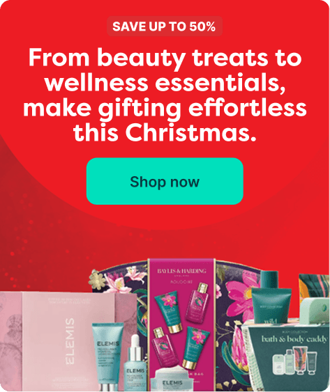 Red banner with text promoting up to 50% savings on beauty and wellness gifts for Christmas. Includes images of various product sets.