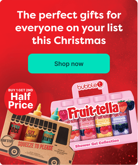 Christmas gift advertisement with "Buy 1 Get 2nd Half Price" offer, showcasing shower gel sets on a red background, and a "Shop now" button.