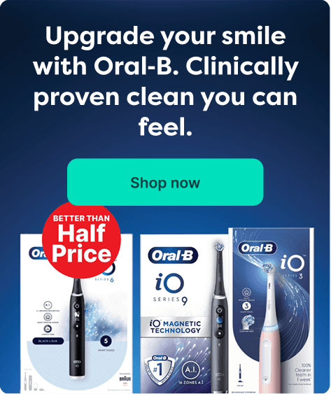 Oral-B toothbrushes with descriptions and promotion offer on a blue gradient background; includes a "Shop now" button.