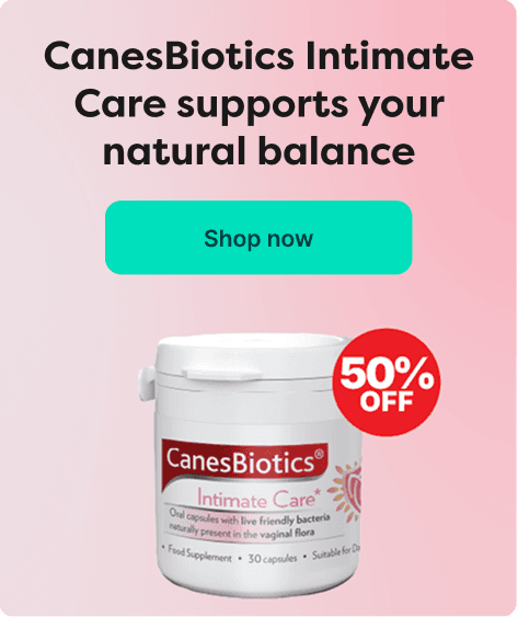 Save 50% on CanesBiotics at Pharmacy2U. A CanesBiotics Intimate Care product is displayed.
