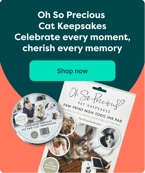 Banner for Oh So Precious Cat Keepsakes featuring product images and green button that reads "Shop now."