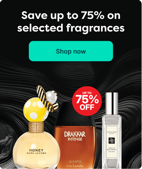 Sale banner: "Save up to 75% on selected fragrances." Features three perfume bottles and a "Shop now" button.