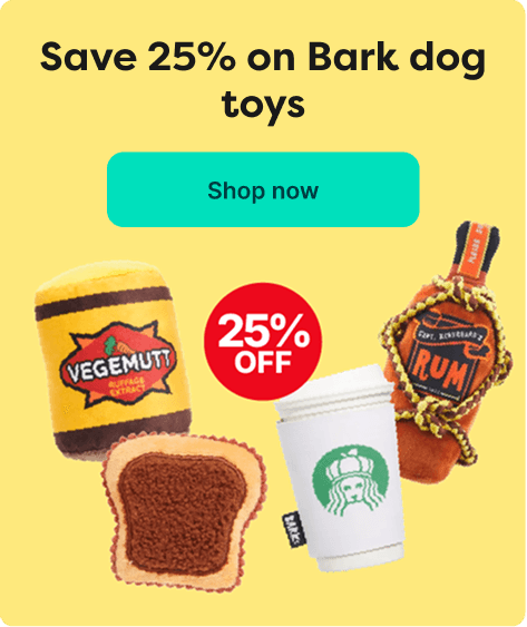 Ad for 25% off Bark dog toys featuring plush toys styled as Vegemite, toast, coffee cup, and rum bottle. Includes a "Shop now" button.