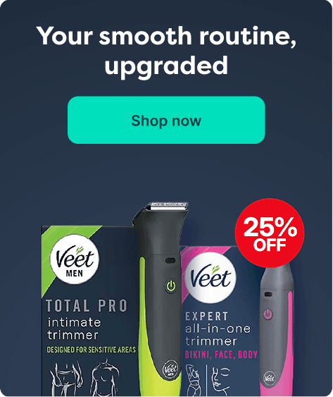 Ad banner for Veet trimmers offering 25% off. Includes "Your smooth routine, upgraded" text and a "Shop now" button.
