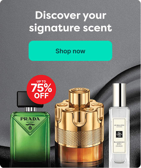 Perfume bottles displayed with text "Discover your signature scent" and "Up to 75% off" over a dark fabric background. "Shop now" button visible.