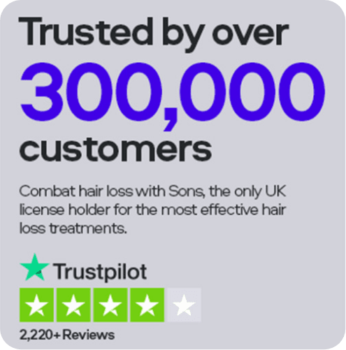 Advertisement for a hair loss treatment with Trustpilot rating, showing before and after photos of a user's hair improvement over 3 months.