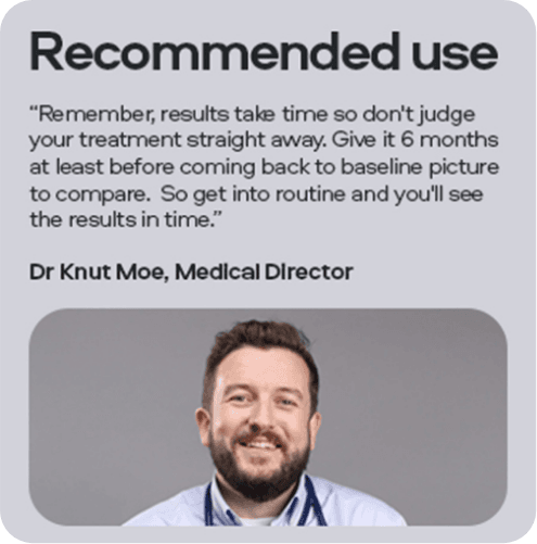 Smiling man with a stethoscope. Text: "Recommended use" and advice on allowing six months for treatment results. Dr. Knut Moe, Medical Director.