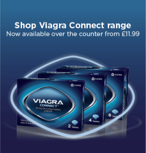 Boxes of Viagra Connect with text: "Shop Viagra Connect range. Now available over the counter from £11.99" on a blue background.