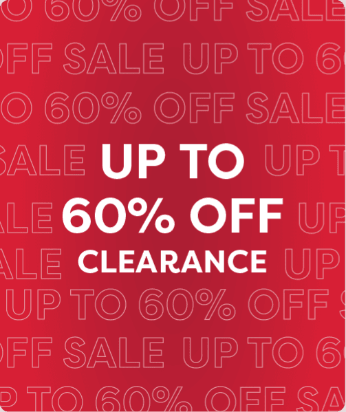 Red banner with text "Up to 60% Off Clearance" and a "Shop now" button, with faint "Off Sale" text in the background.