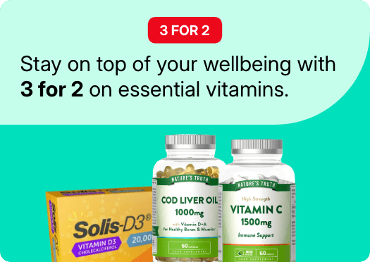 3 for 2 on essential vitamins at Pharmacy2U. Vitamin supplements, including Solis-D3, cod liver oil and vitamin C, are displayed.