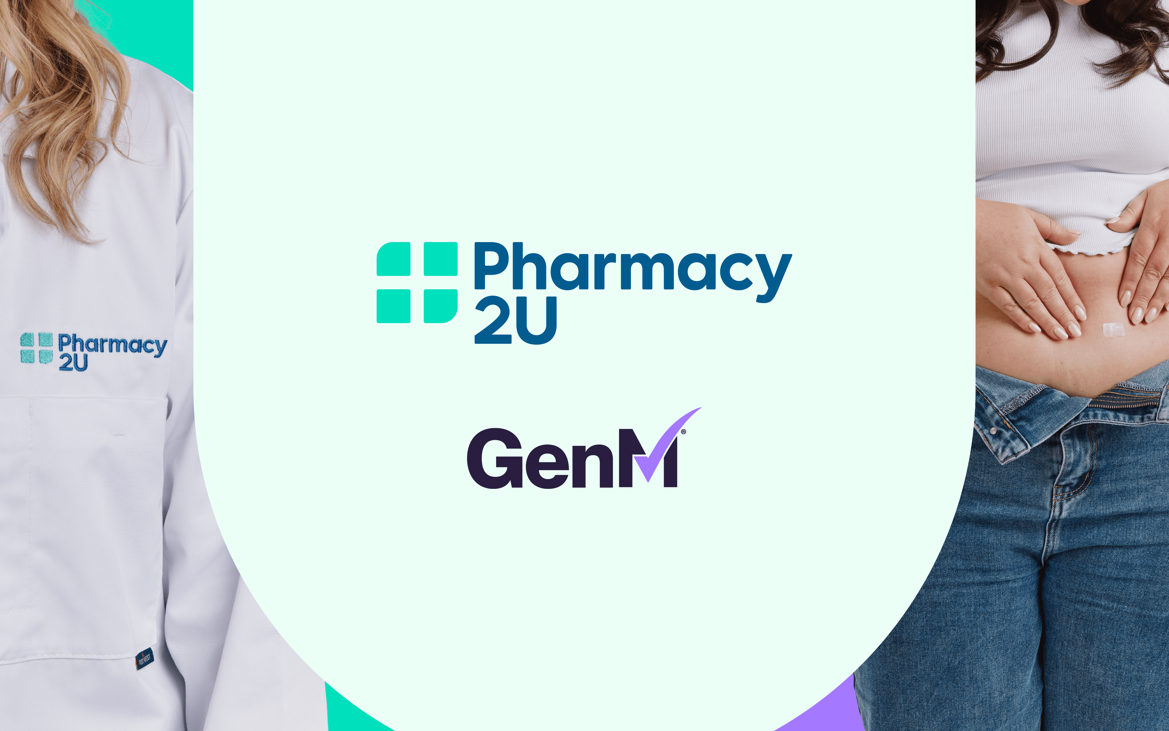 Split image with a Pharmacy2U logo on the left, and a person touching their stomach on the right; GenM logo in the centre.