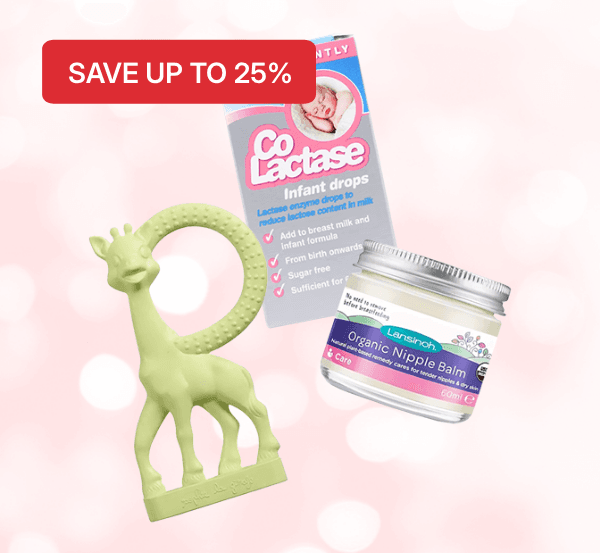 Promotional image showing a green giraffe teether, Co Lactase infant drops, and Lansinoh organic nipple balm with "Save up to 25%" offer.