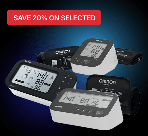 Three Omron digital blood pressure monitors and cuffs, and a red banner saying "Save 20% on Selected."