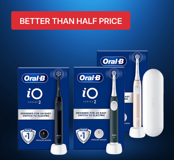 Oral-B iO Series 2 electric toothbrushes in black, green, and pink with packaging, offering better than half price discount.