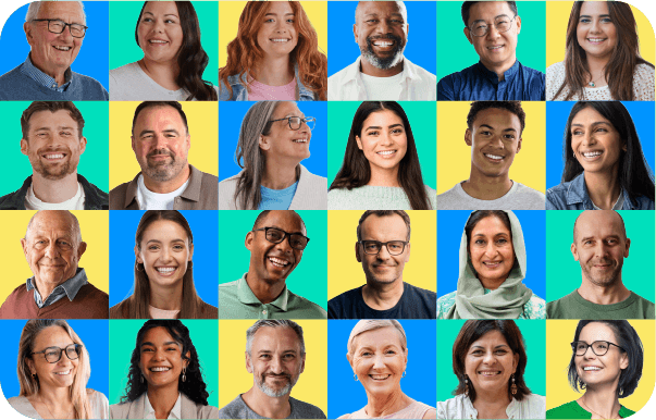 A diverse group of 24 people in a 4x6 grid, each smiling against a colourful blue or yellow background.