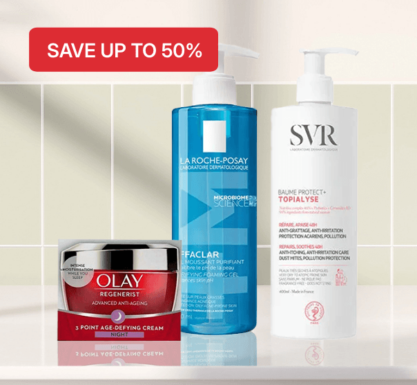 Skincare products on a bathroom shelf, with a red tag reading "Save up to 50%." Includes Olay cream, La Roche-Posay cleanser, and SVR lotion.