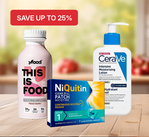 A bottle of yfood, a box of NiQuitin patches, and a pump bottle of CeraVe lotion on a table with a "Save up to 25%" label.