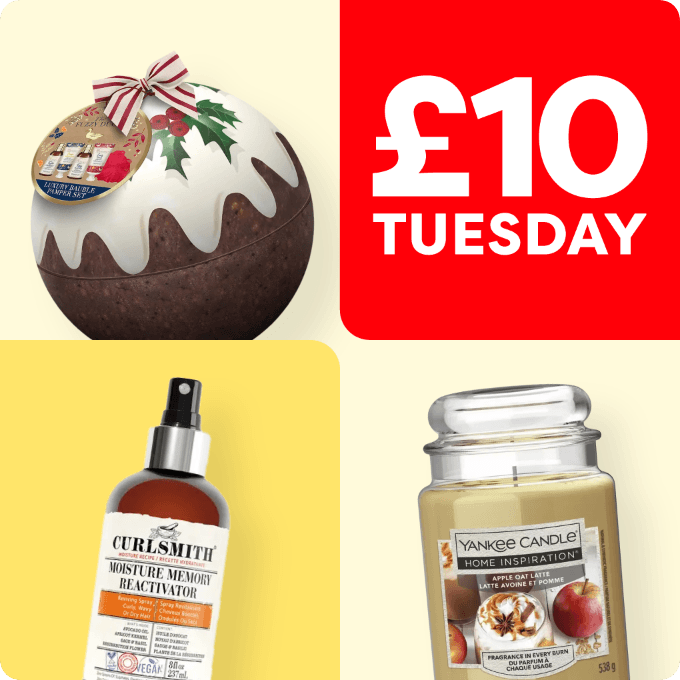 Christmas-themed products including a holiday bath set, Curlsmith hair product, Yankee Candle, and a red square with "£10 Tuesday".