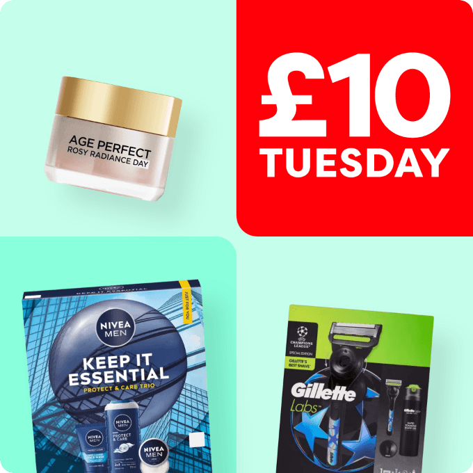 Collage showing Age Perfect cream, Nivea Men care trio, Gillette razor set, and a red section with "£10 Tuesday" text.