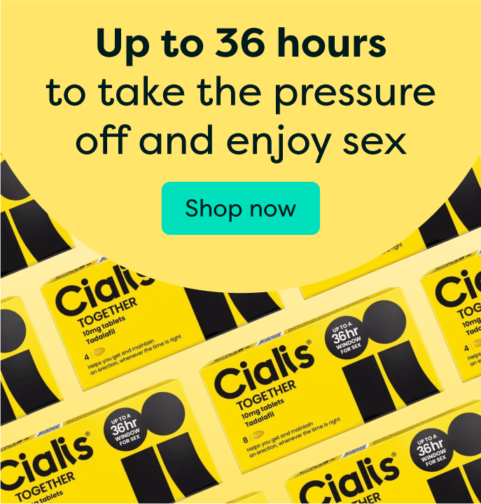 Yellow advertisement for Cialis, highlighting 36-hour effectiveness, with multiple packages of 10mg tadalafil tablets and a "Shop now" button.