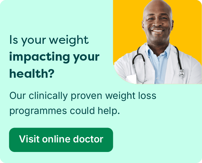 Banner promoting weight loss programs with a smiling doctor and a person in athletic wear. Text offers online doctor consultation.