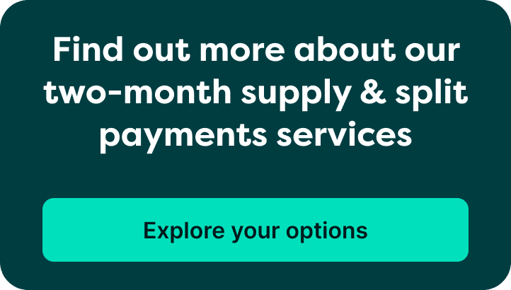 Button with text: "Find out more about two-month supply plans & Mounjaro Pay in Two." Appears alongside a lighter button labeled "Explore your options."
