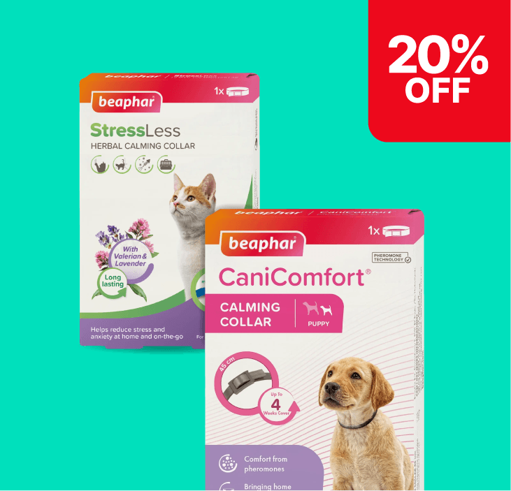 Two beaphar pet calming collars, one for cats with valerian and lavender, one for puppies with pheromone technology, on a turquoise background with 20% off.