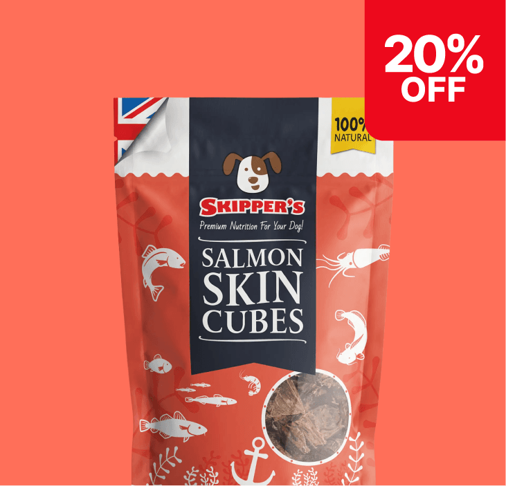 Dog treat packaging for Skipper's Salmon Skin Cubes with fish illustrations, UK flag accents, and a 20% off label.