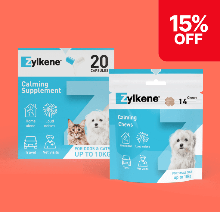 Pet calming products by Zylkene, featuring a supplement and chews with 15% off. Suitable for dogs and cats up to 10kg, addressing stress triggers.