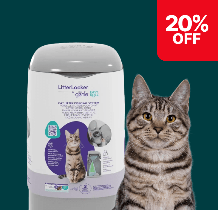 Cat litter disposal system with a tabby cat beside it, showing a 20% off offer in the top right corner.