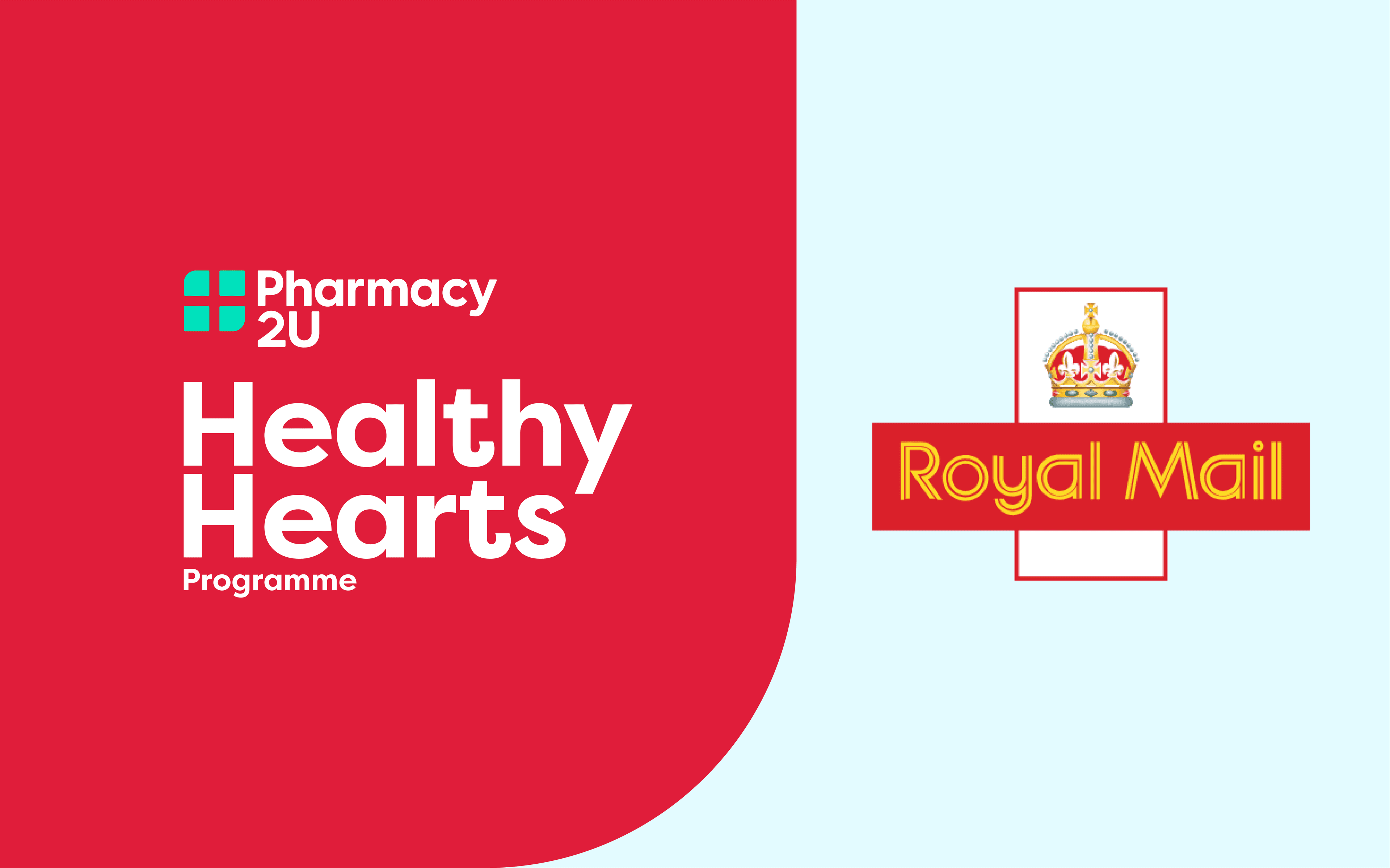 Logo for "Pharmacy2U Healthy Hearts Programme" and "Royal Mail" on a split red and light blue background.