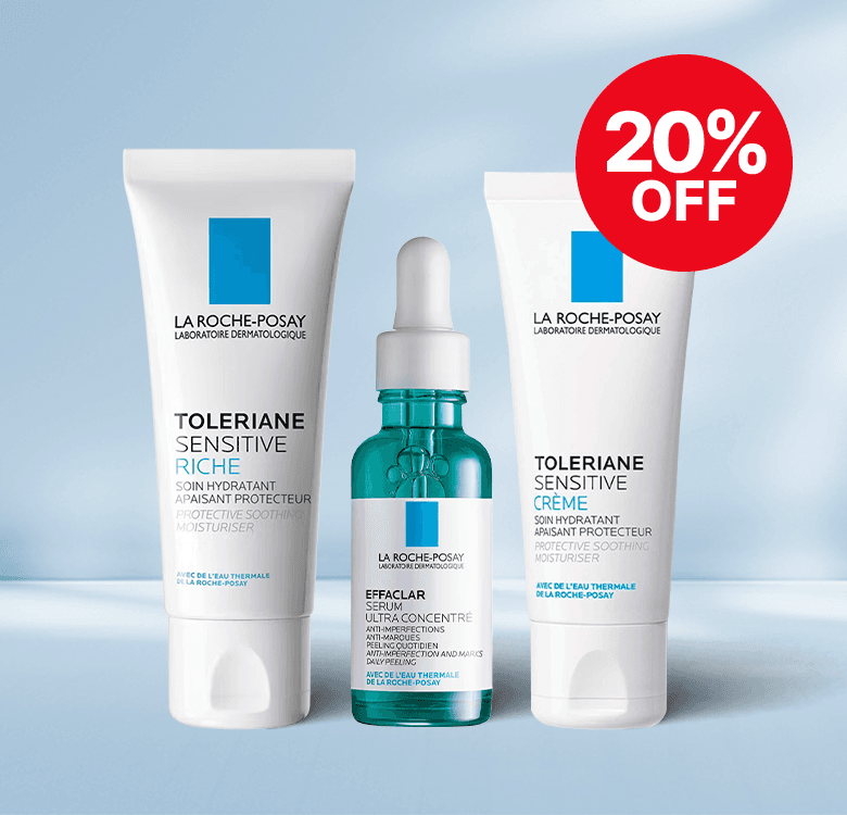 Three La Roche-Posay Toleriane skincare products with a "20% off" badge on a light blue background.