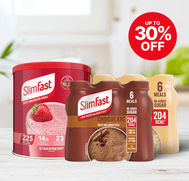 SlimFast meal replacement products in strawberry and chocolate flavors, with up to 30% off discount label.