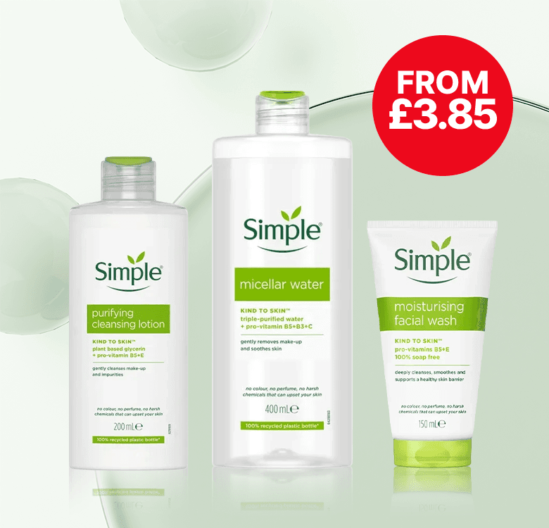 Three Simple skincare products: purifying cleansing lotion, micellar water, and moisturizing facial wash. Red badge displays "From £3.85".