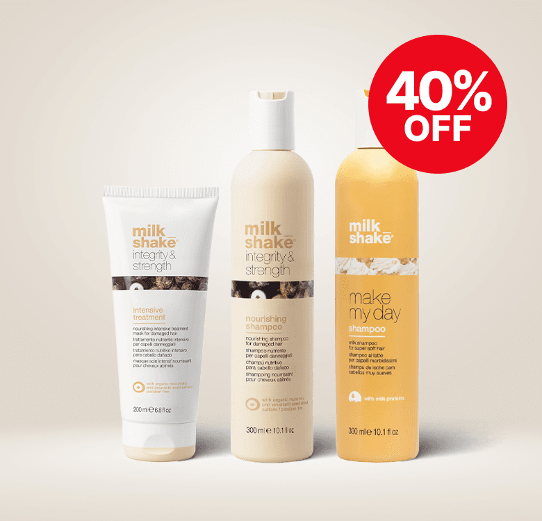 Three milk_shake hair products arranged side by side with a red "40% OFF" badge in the top right corner.